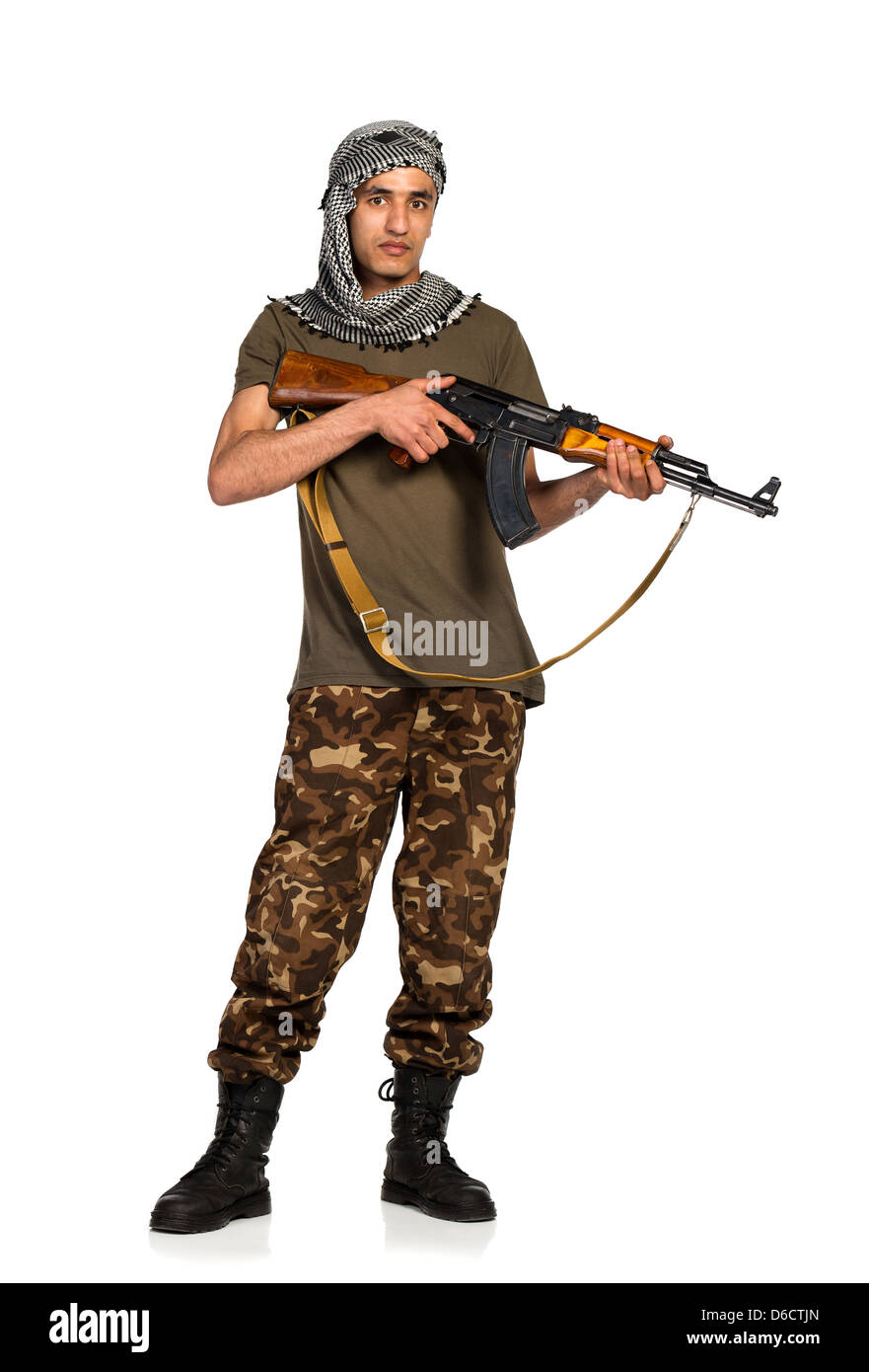 Terrorist Arab nationality in camouflage suit and keffiyeh with automatic  gun on white background with reflection Stock Photo - Alamy