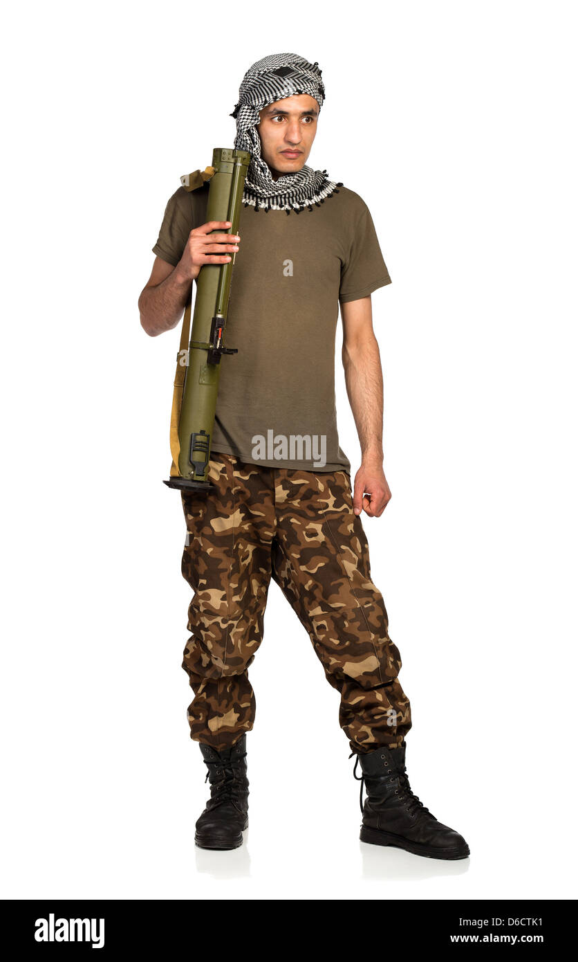 Terrorist Arab nationality in camouflage suit and keffiyeh with launcher on white background with reflection Stock Photo