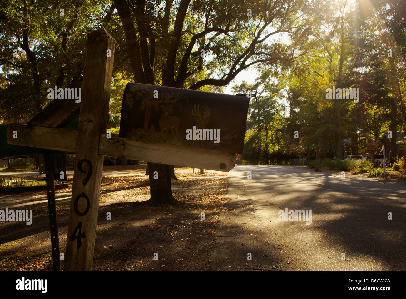 Mailbox in an American suburban neighborhood with sun flaring lens. Stock Photo