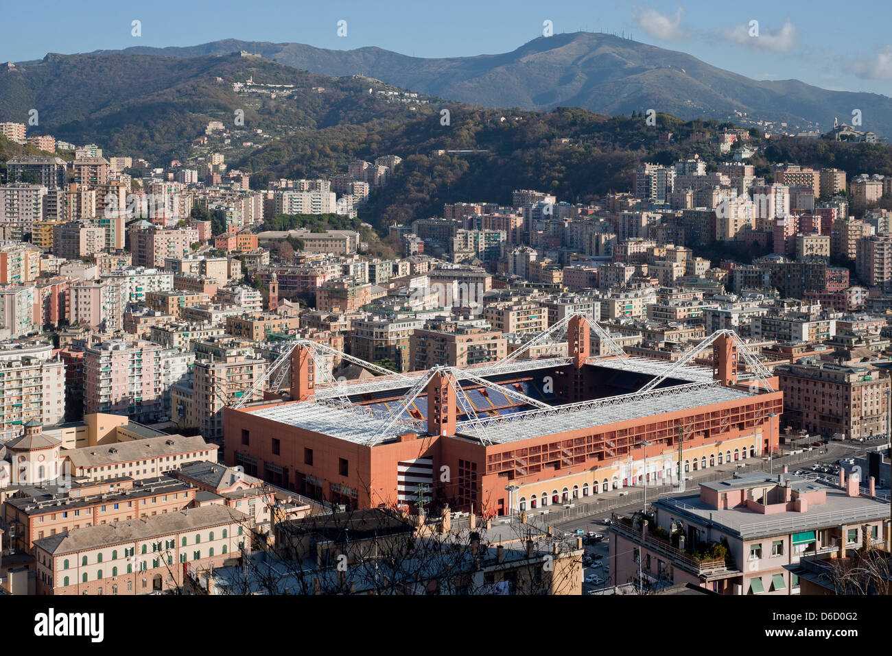Genoa, Italy, view over the district Bassa Val Bisagno with the football stadium Luigi Ferraris Stock Photo