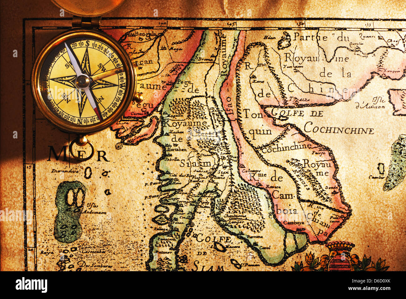 Old brass compass over antique Thailand map Stock Photo Alamy