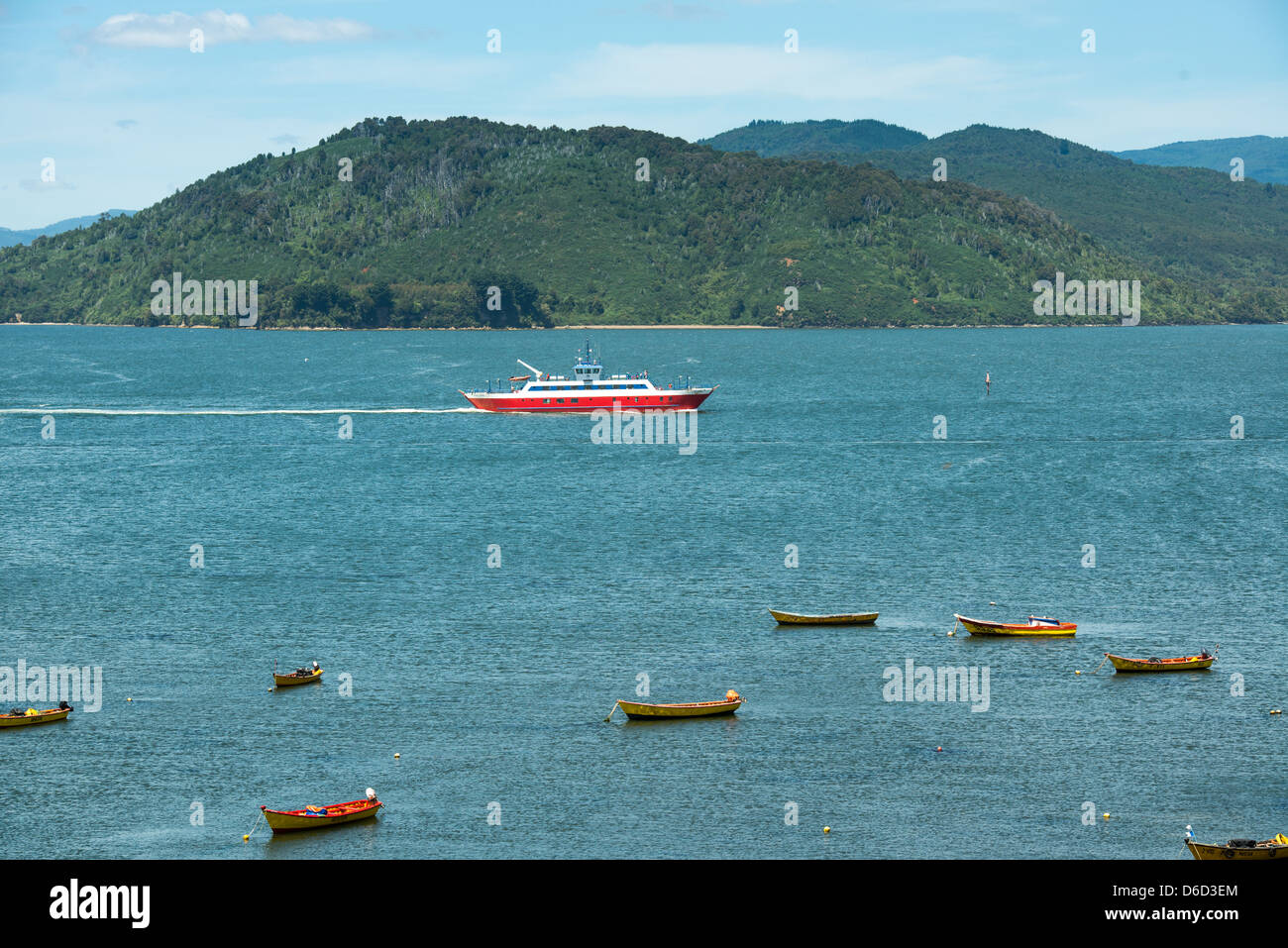 Tourist cruise ship sailing water through Valdivia, Chile Stock Photo