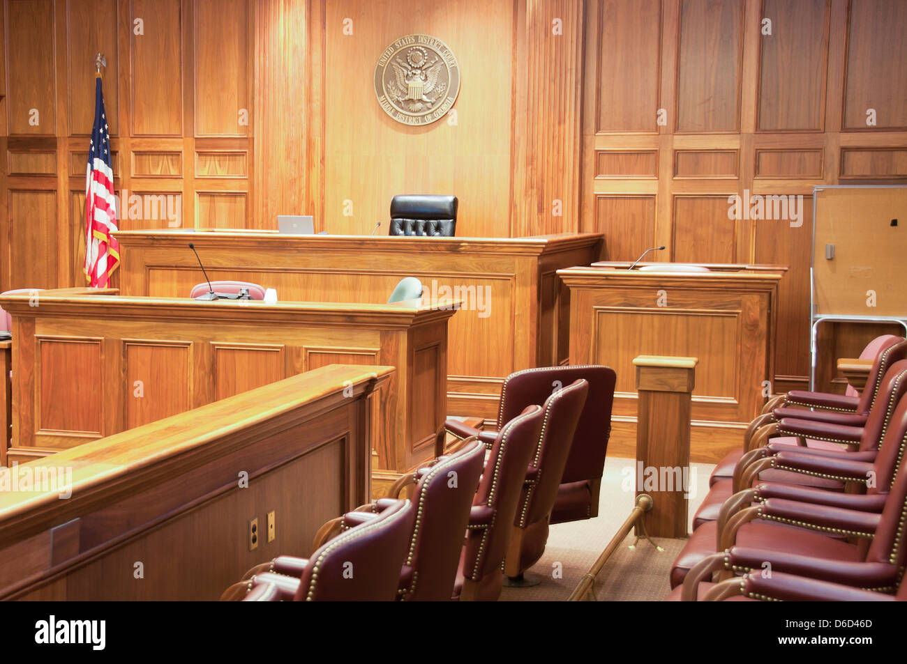 Photograph of interior courtroom of United States District Court located in Macon-Bibb County, Georgia. Stock Photo