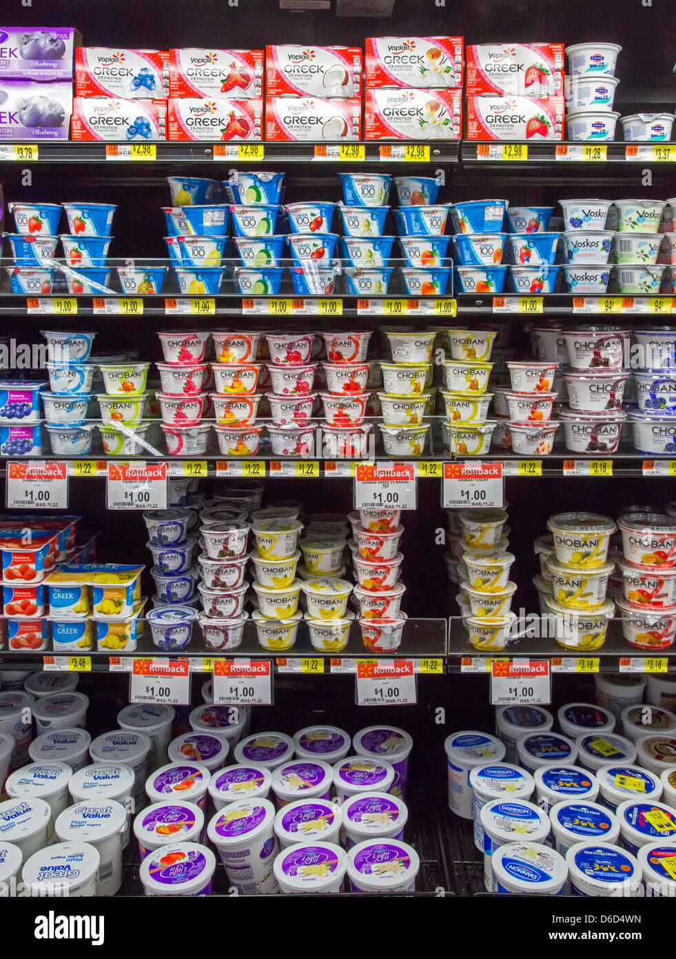 Sterling Heights, Michigan - Greek yogurt on sale in the grocery section of a Walmart store. Stock Photo