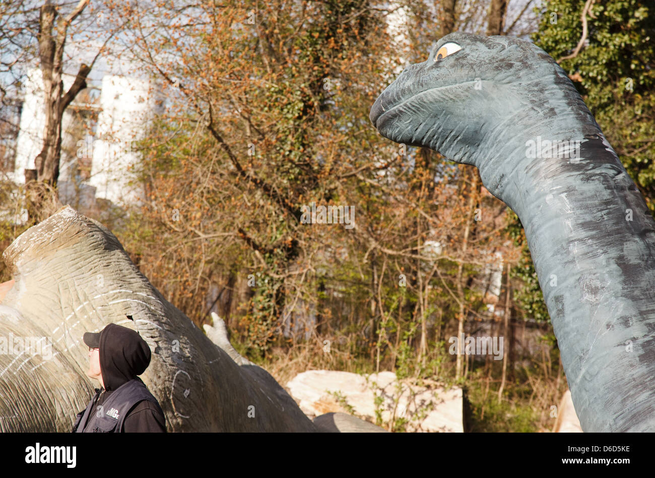 Berlin, Germany, a dinosaur in an abandoned amusement park Stock Photo