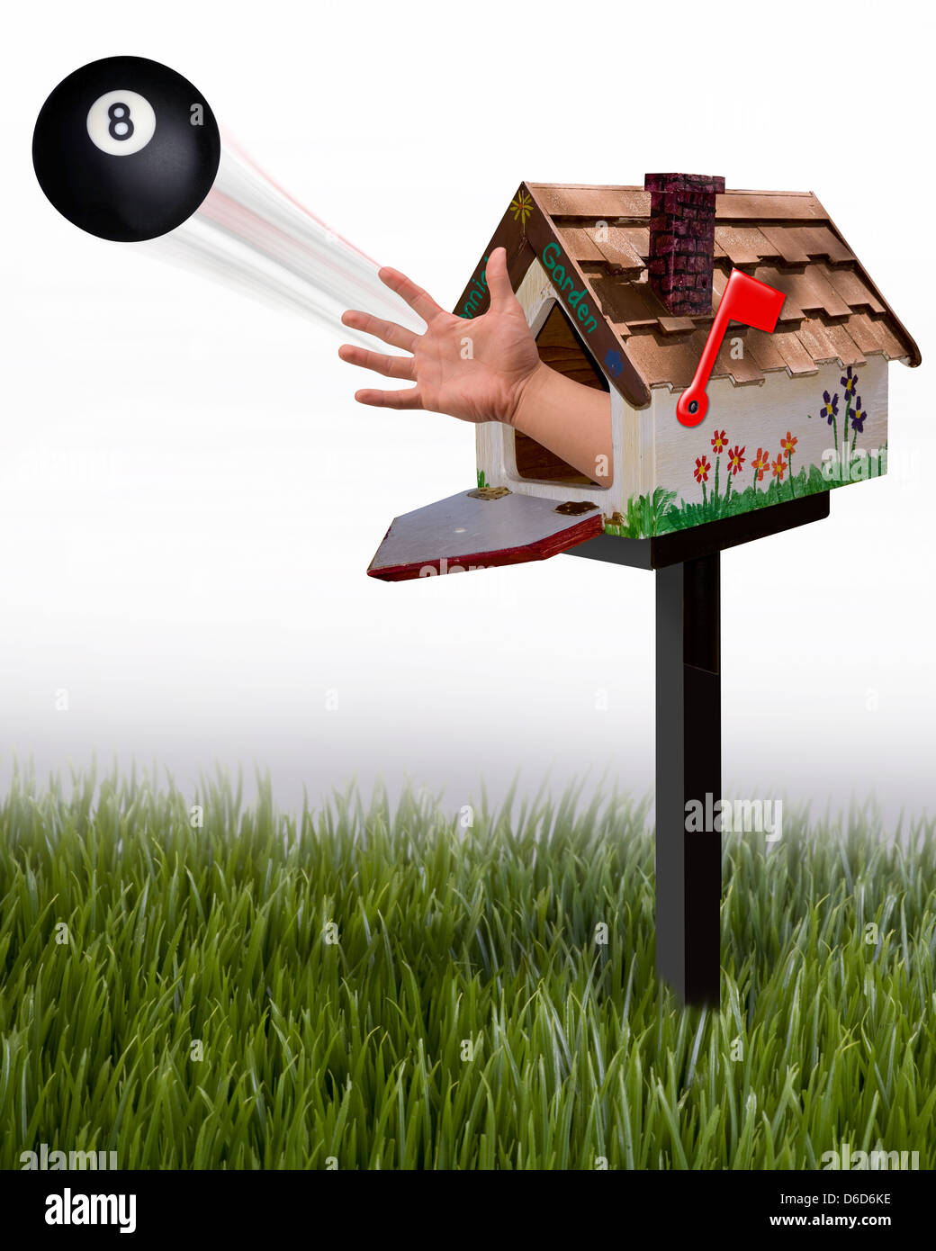 Mailbox throwing out eight ball. Stock Photo