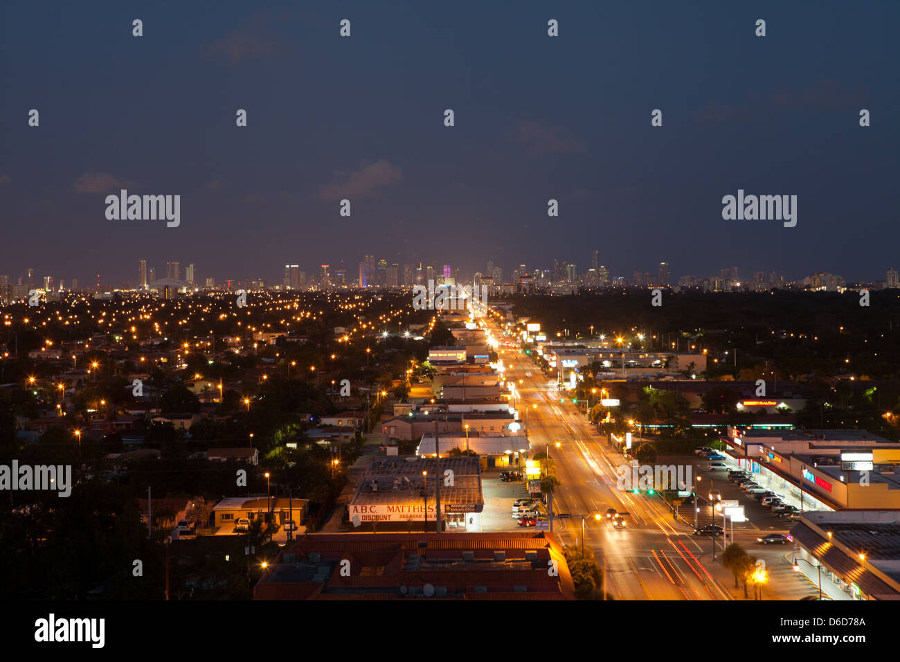City of Miami Skyline at Night Stock Photo