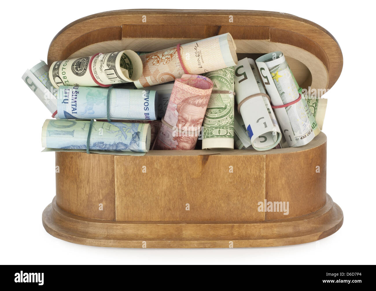 The wooden casket is filled by money Stock Photo Alamy