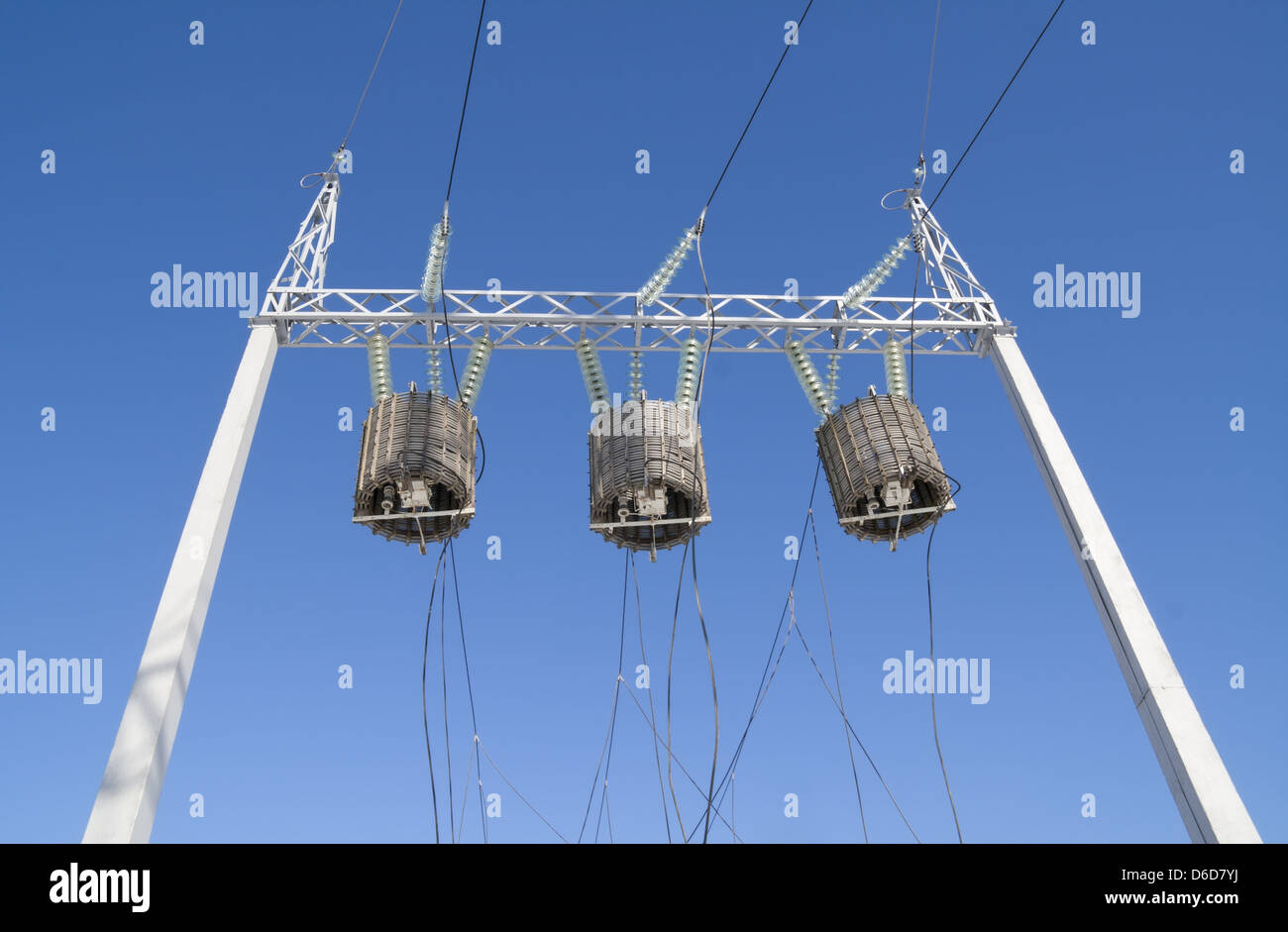 Transformers of high energy against the sky Stock Photo
