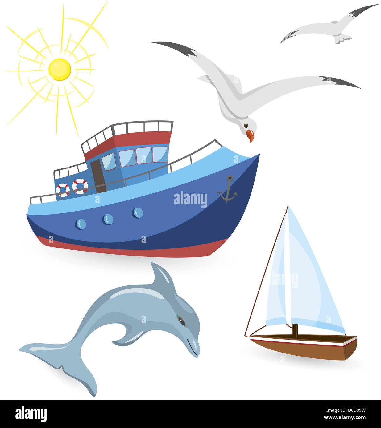 Boats-dolphin-seagulls Stock Photo