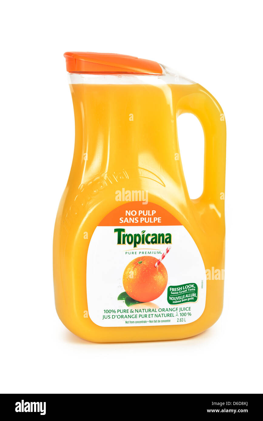 Orange Juice Jug of Pulp Free, Tropicana brand Orange Juice Bottle Stock Photo