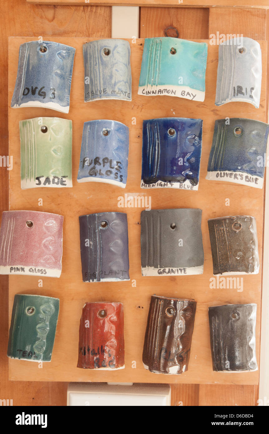Samples of glaze colors at a pottery studio in Rockport, Massachusetts