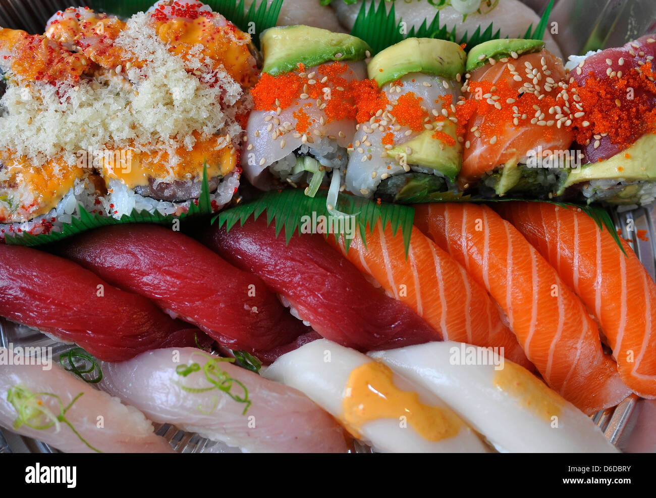 Sushi, sashimi, rolls on tray closeup traditional Japanese food Stock