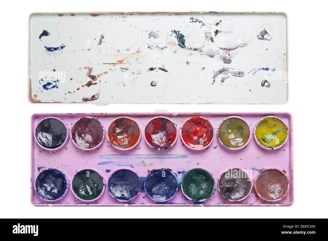 Old dirty school water color paints set Stock Photo