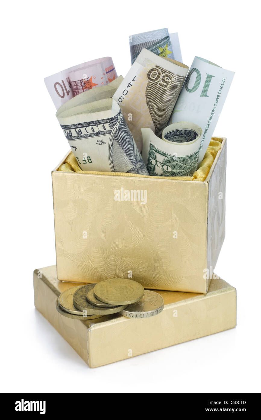 Gold and money in golden box Stock Photo
