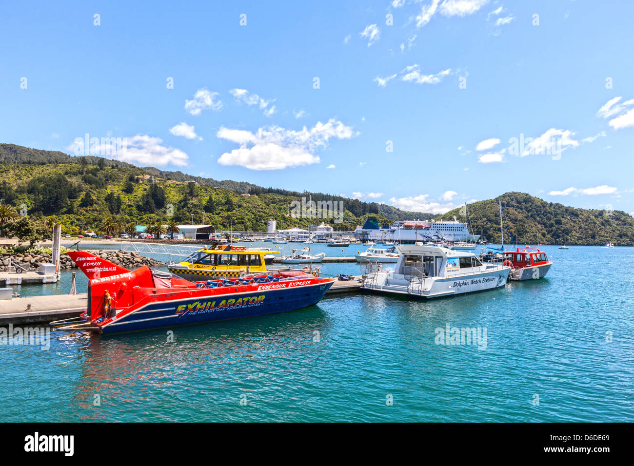 The harbour at Picton, main town of the Marlborough Sounds in New Zealand, and terminal for the Cook Strait ferries. Stock Photo