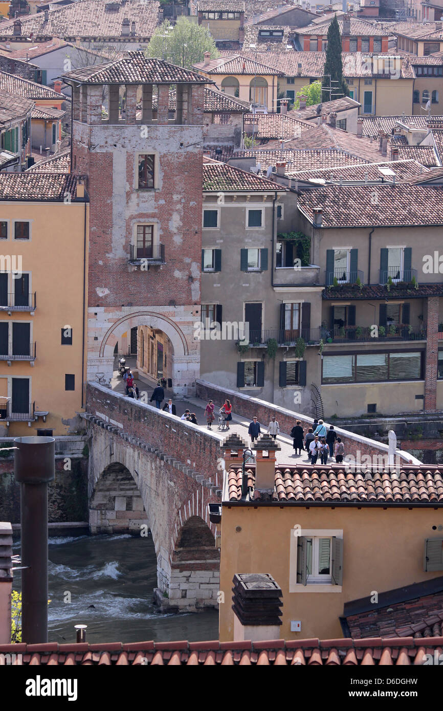 Bridge Ponte di Pietra over the river Etsch in the old town of Verona seen from the hill of San Pietro, Veneto, Italy Stock Photo