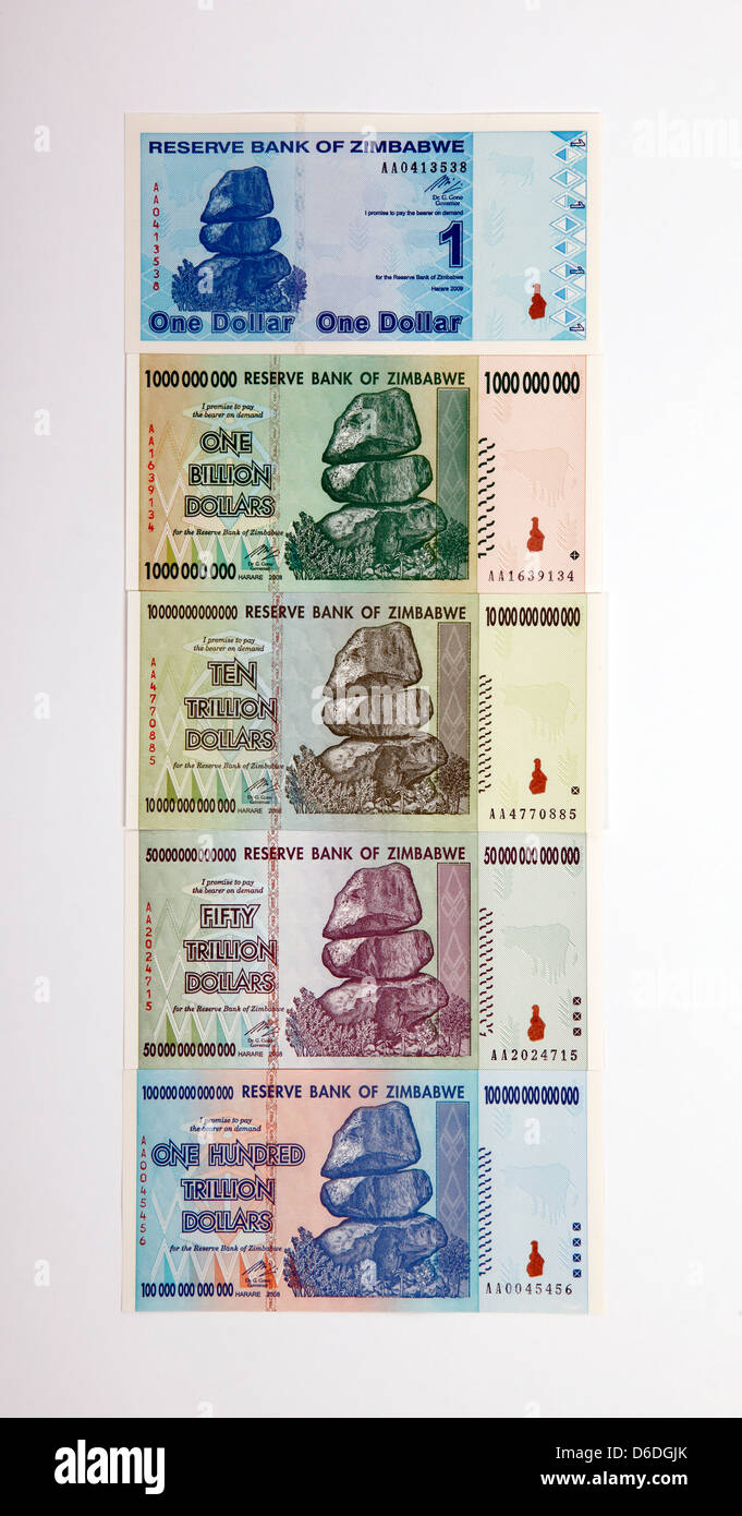 Rampant Inflation in Zimbabwe shown on its banknotes Stock Photo