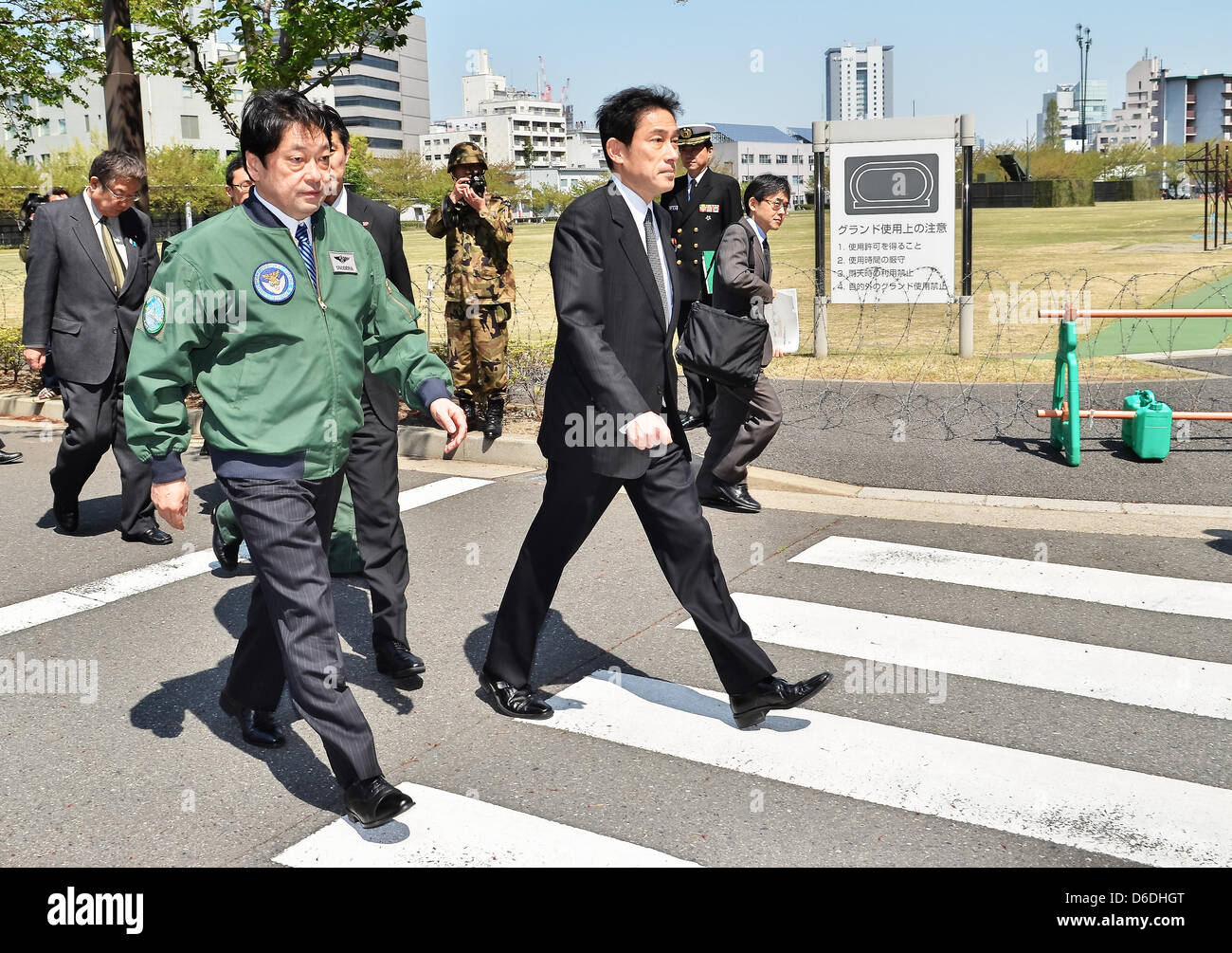 Fumio Kishida, PAC3, April 13, 2013, Tokyo, Japan : Japan's Foreign Minister Fumio Kishida(R) and Defense Minister Itsunori Onodera inspect units of Patriot Advanced Capability-3 (PAC-3) missiles at the Defense Ministry in Tokyo April 13, 2013. (Photo by AFLO) Stock Photo