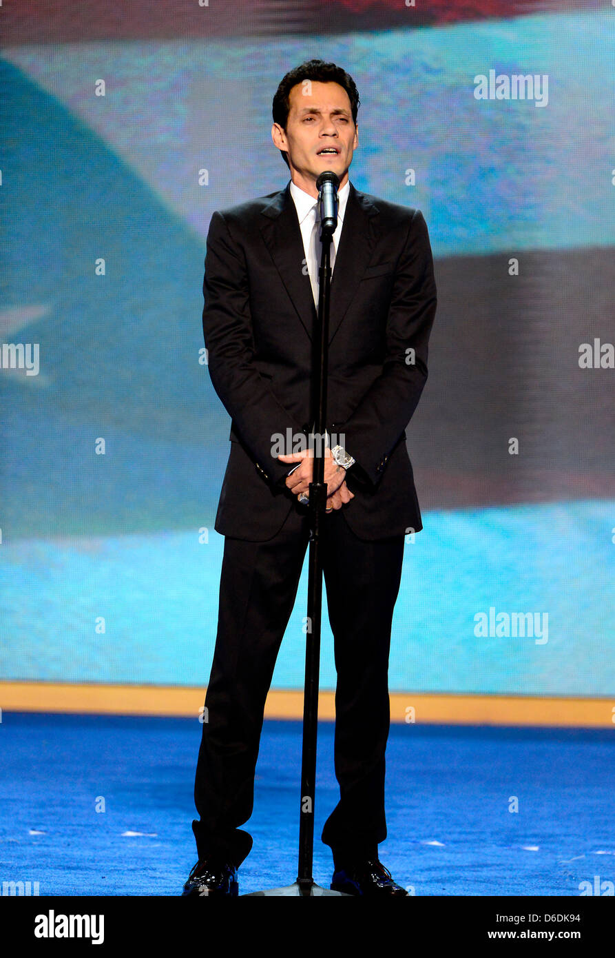 Singer / songwriter Marc Anthony sings the National Anthem at the 2012 ...