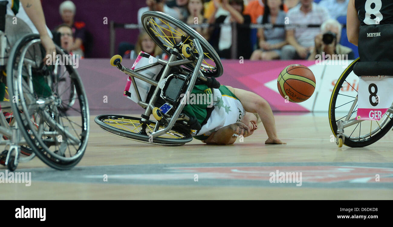Kylie Gauci of Australia lies on the floor during the women's wheelchair basketball final match between Germany and Australia at North Greenwich Arena during the London 2012 Paralympic Games, London, Great Britain, 07 September 2012. Germany won 58:44 against Australia. Photo: Julian Stratenschulte dpa Stock Photo