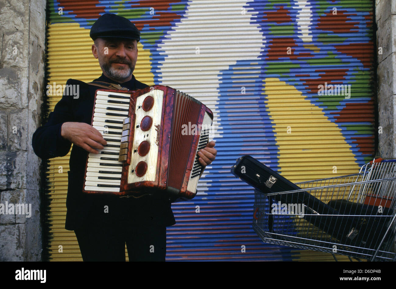A Russian immigrant playing accordion in the street Tel Aviv Israel Stock Photo