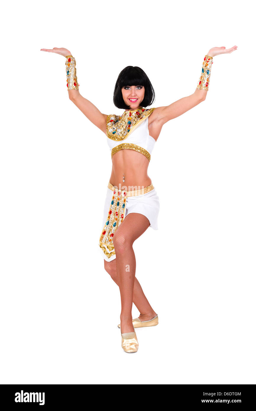 Dancing pharaoh woman wearing a egyptian costume. Stock Photo