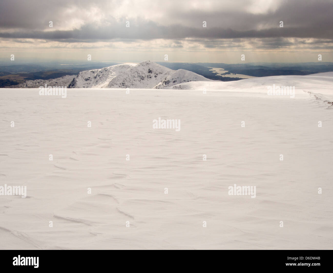 The Kentmere Fells and Lake Windermere from High Street in unseasonally cold weather in late March 2013, Stock Photo