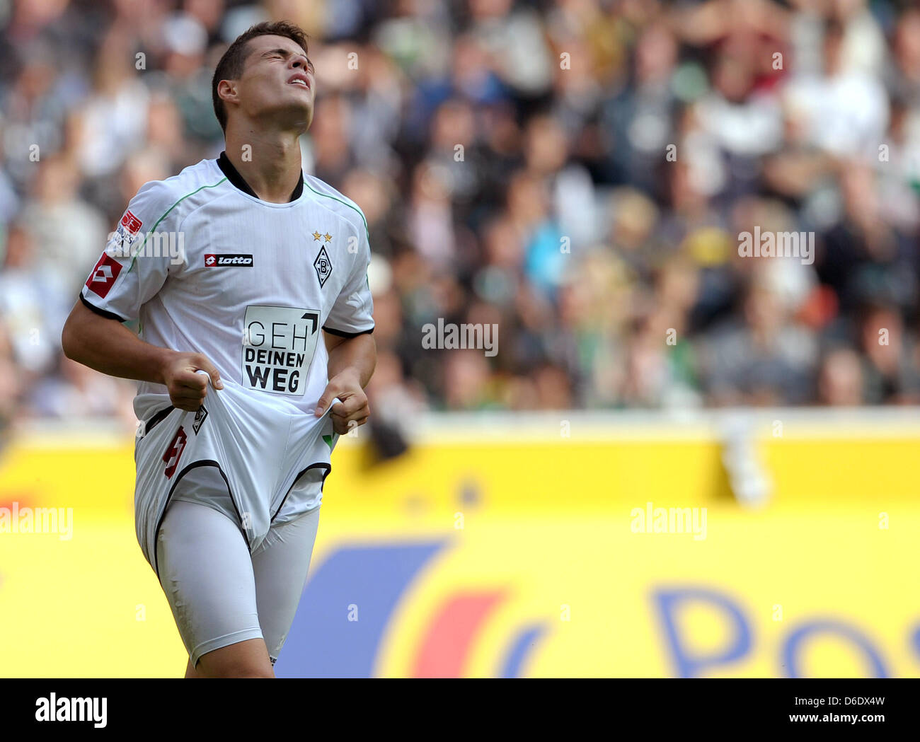 Gladbach's Granit Xhaka regrets a missed chance during the German Bundesliga match between Borussia Moechengladbach and 1. FC Nuremberg at Borussia-Park in Moenchengladbach, Germany, 15 September 2012. Every of the eighteen Bundesliga soccer teams replaced their jersey ads by the slogan to promote more tolerance in soccer.  Photo: FEDERICO GAMBARINI  (ATTENTION: EMBARGO CONDITIONS! Stock Photo