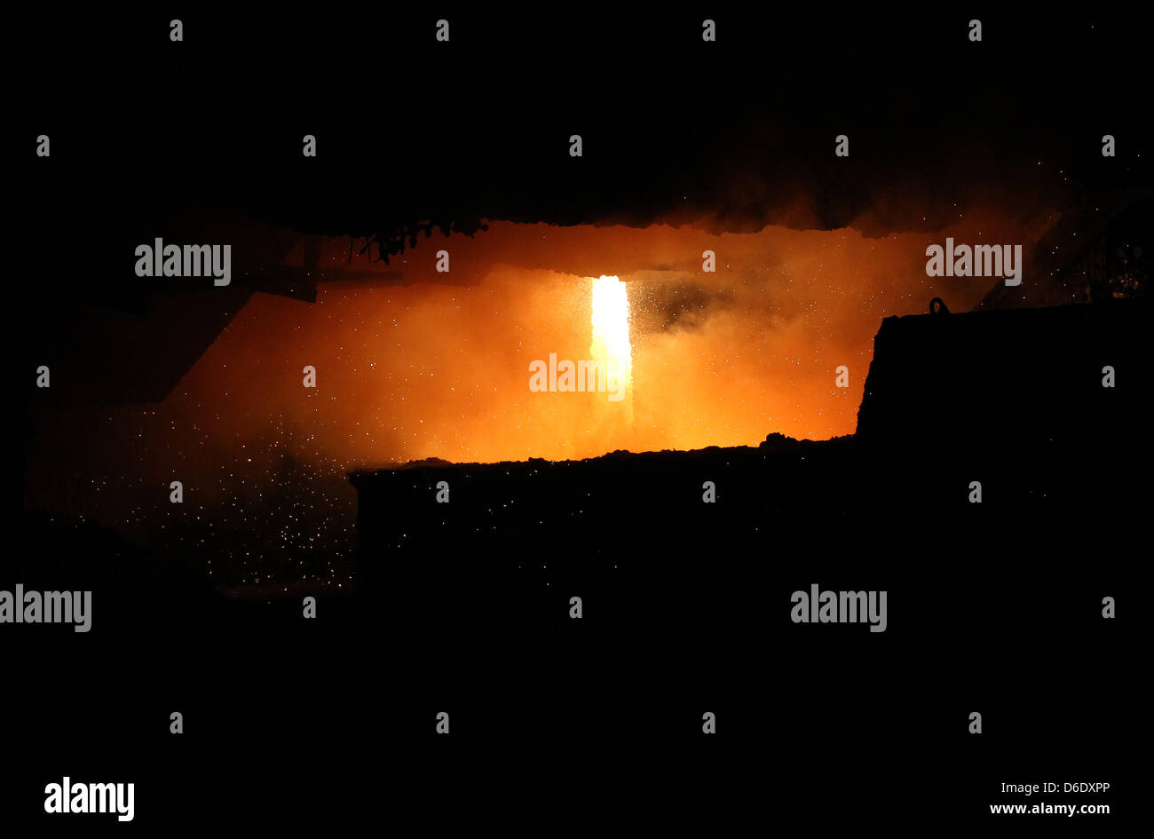 Liquid steel is tapped at the steel plant of the steel producing