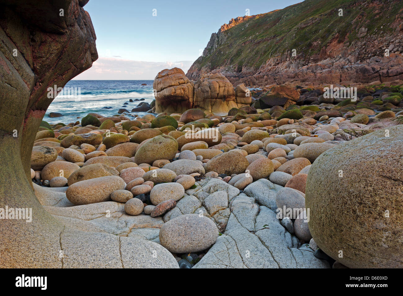 The boulders and rock formations that make Porth Nanven beach in Cots Valley Cornwall. Stock Photo