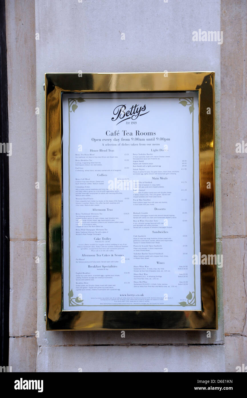 Bettys Cafe Tea Rooms Menu At York Yorkshire Uk Stock Photo