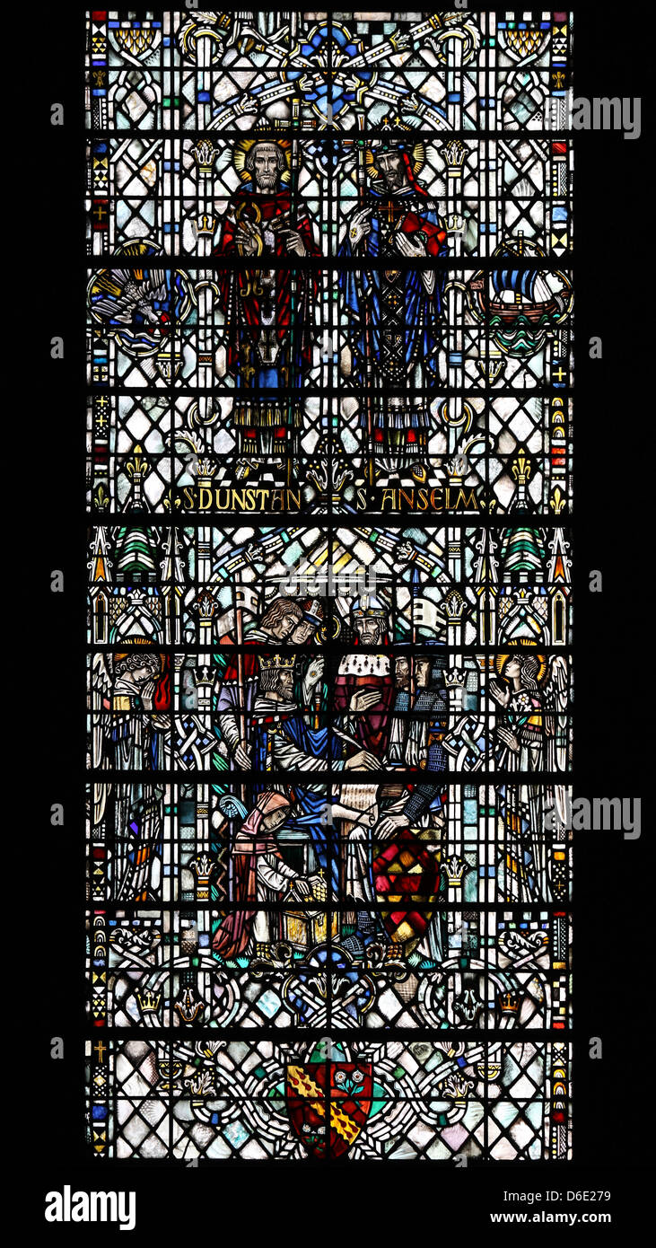 Stained Glass window Depicting St Dunstan and St Anselm, Liverpool Anglican Cathedral Stock Photo
