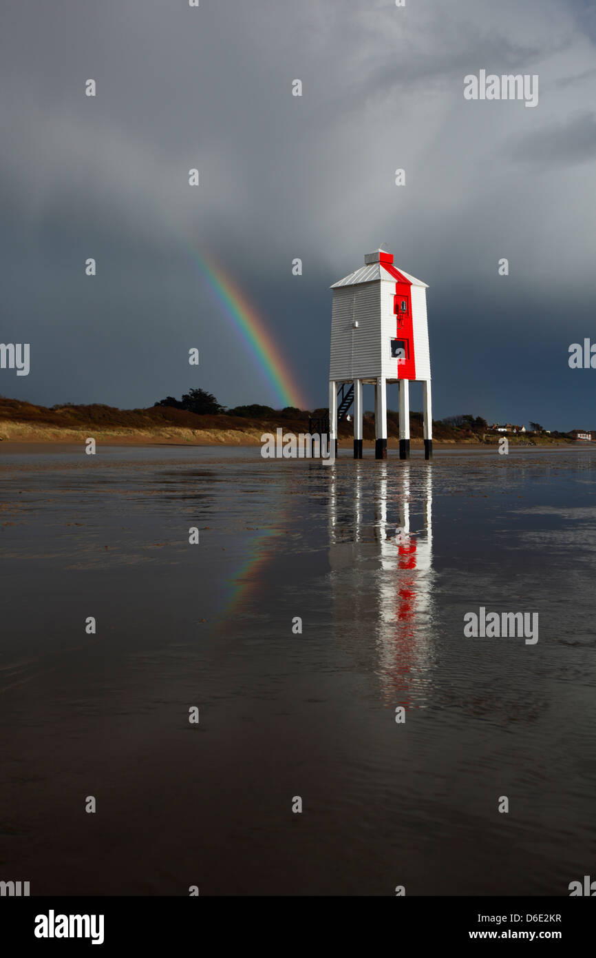 The Low Lighthouse and a Rainbow. Burnham-on-Sea. Somerset. England. UK. Stock Photo