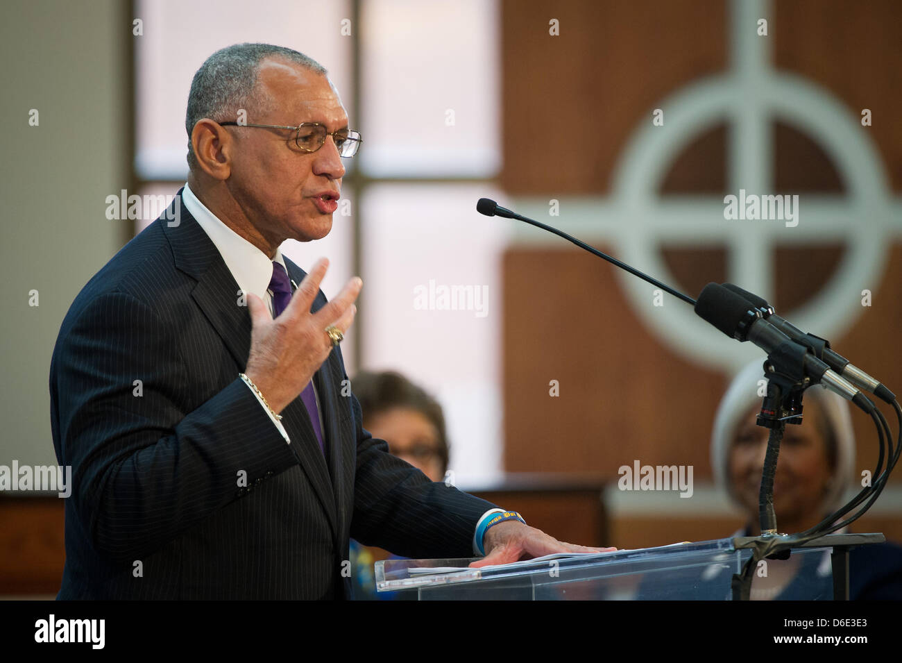 National Aeronautics and Space Administration (NASA) Administrator Charles Bolden speaks and delivers greetings from President Obama at the 44th annual Martin Luther King, Jr. Commemorative Service on Monday, January 16, 2012 at Ebenezer Baptist Church in Atlanta. .Mandatory Credit: Bill Ingalls / NASA via CNP Stock Photo