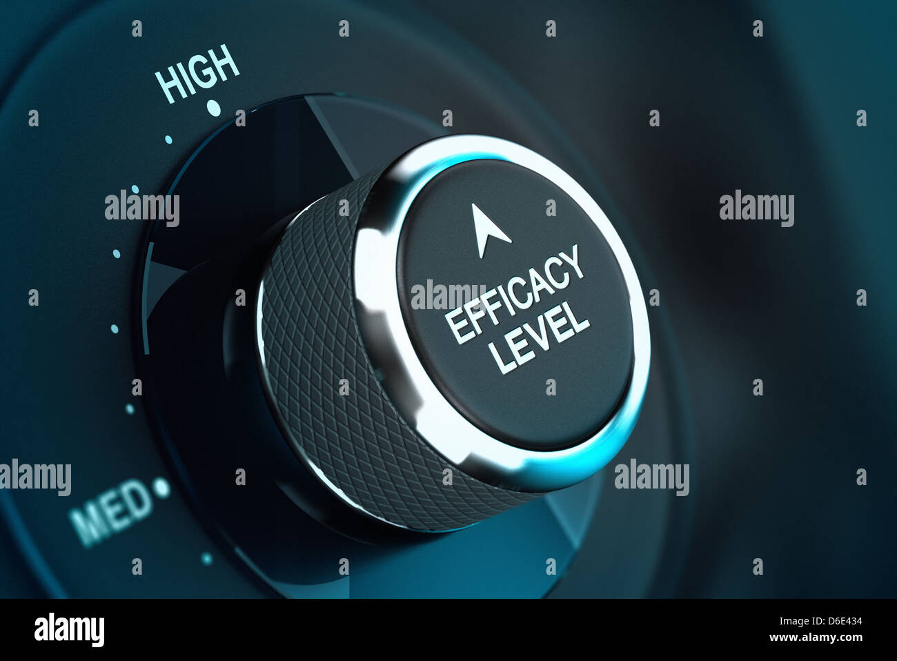 Self efficacy level button over black and blue background, conceptual image to illustrate efficiency or performance management. Stock Photo