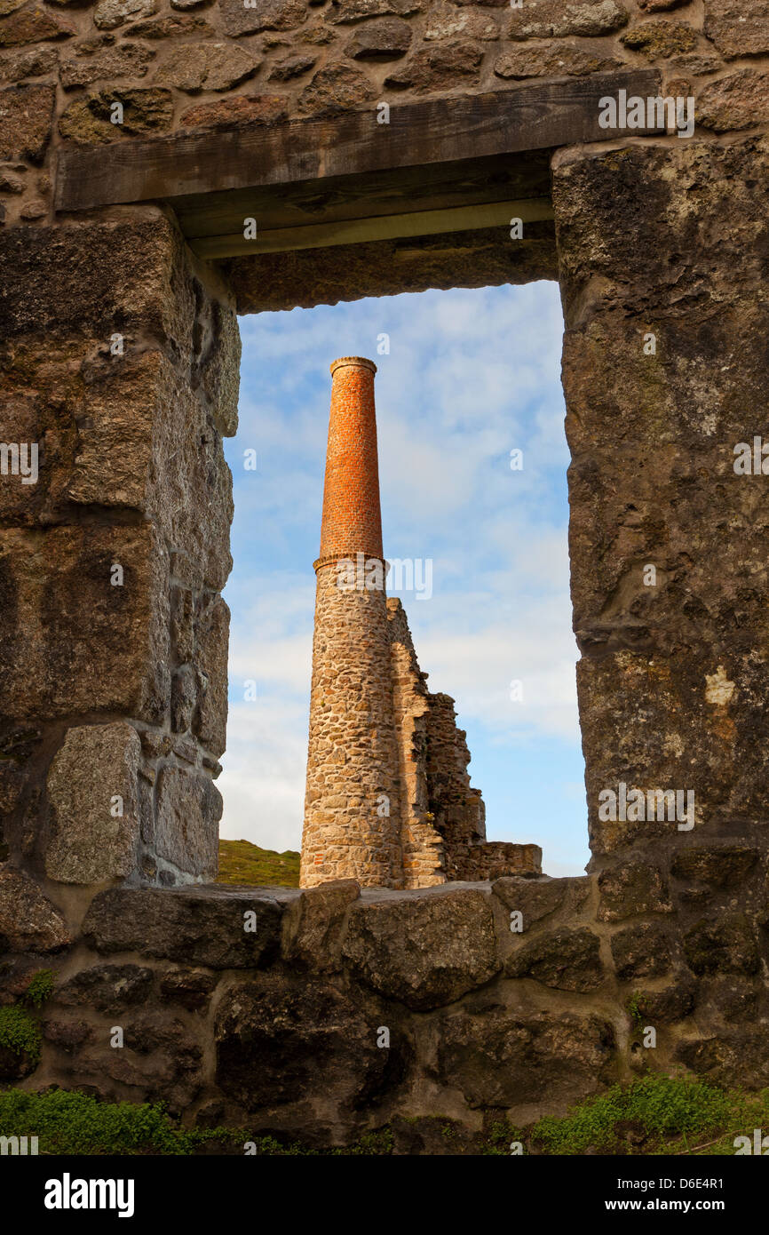 Carn Galver tin mine in Cornwall as seen through the window of the engine house. Stock Photo