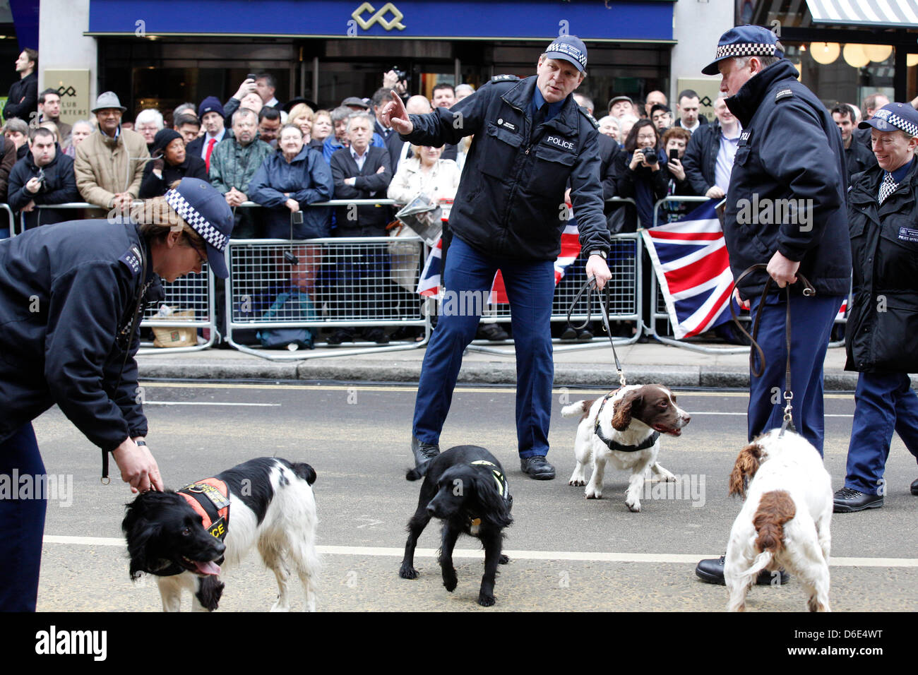 London, UK. 17th of April 2013.  The funeral of former prime minister Margaret Thatcher was held at St. Paul's Cathedral this morning. Police supervision was extremely strict as police dogs searched up and down Ludgate Hill. Credit: Lydia Pagoni/Alamy Live News Stock Photo