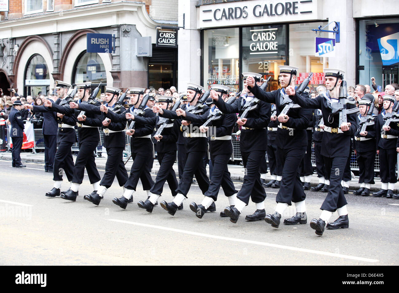 London, UK. 17th of April 2013.  The funeral of former prime minister Margaret Thatcher was held at St. Paul's Cathedral this morning. Military demonstrations along the way. Credit: Lydia Pagoni/Alamy Live News Stock Photo