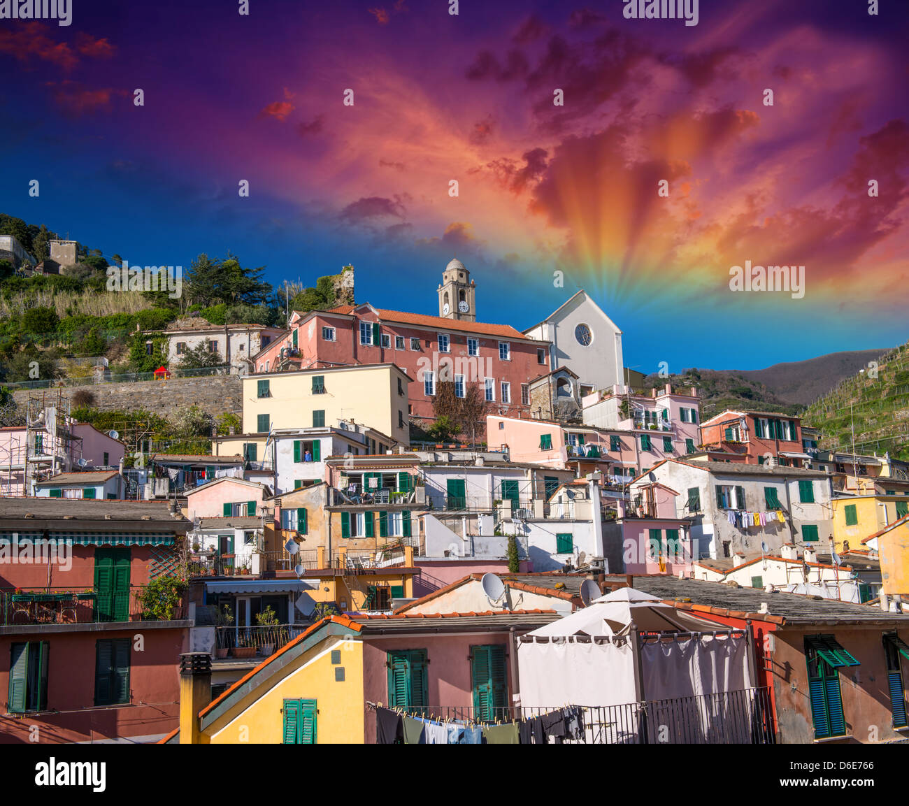 Quaint Village of Vernazza, Cinque Terre. Beautiful colorful homes of Town center. Stock Photo