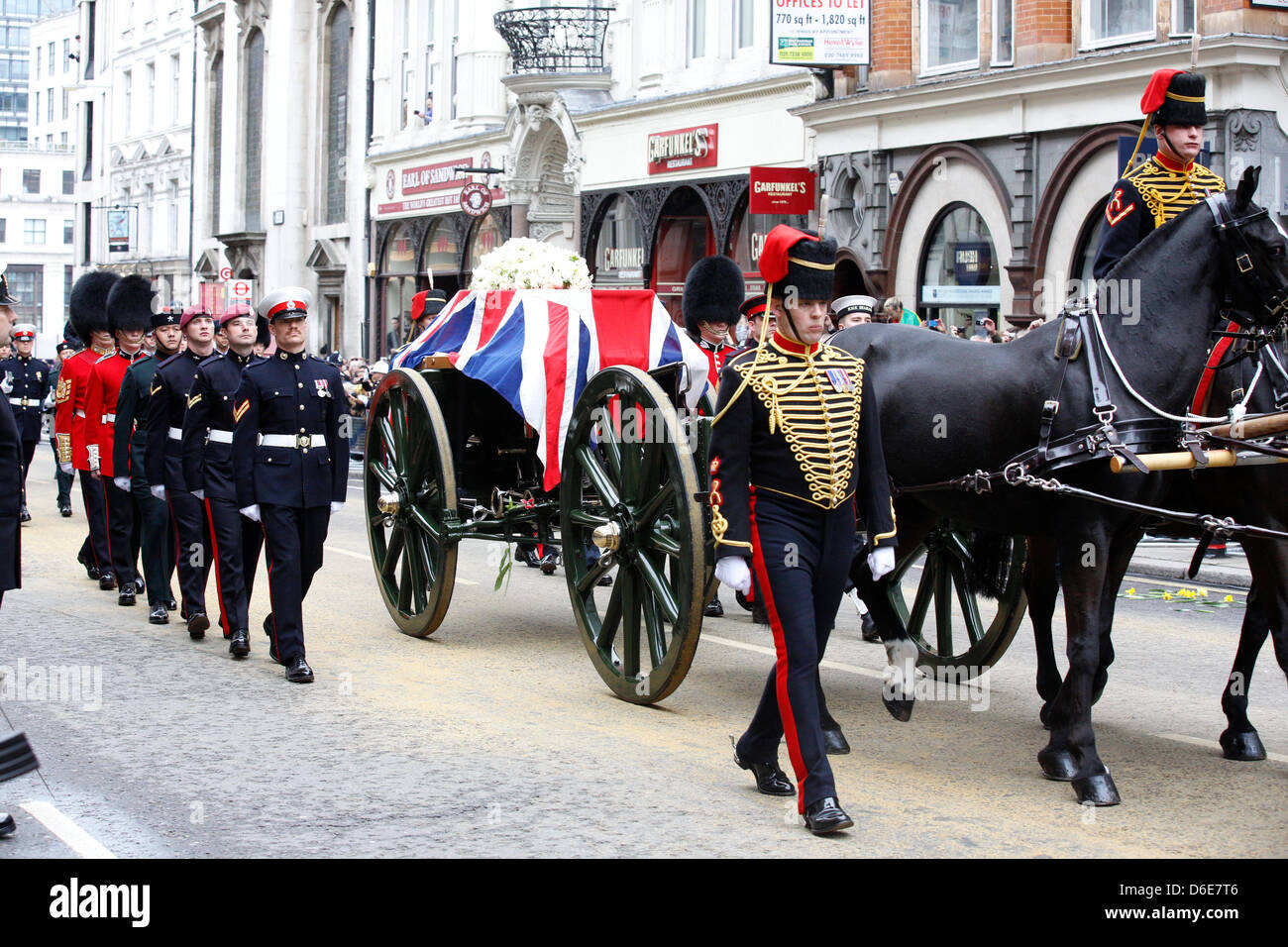 LONDON 17th of April 2013, The funeral of former prime minister Margaret Thatcher was held at St. Paul's Cathedral this morning. Coffin of Margaret Thatcher arriving at St. Paul's Cathedral on a gun carriage drawn by the King's Troop Royal Horse Artillery. Stock Photo