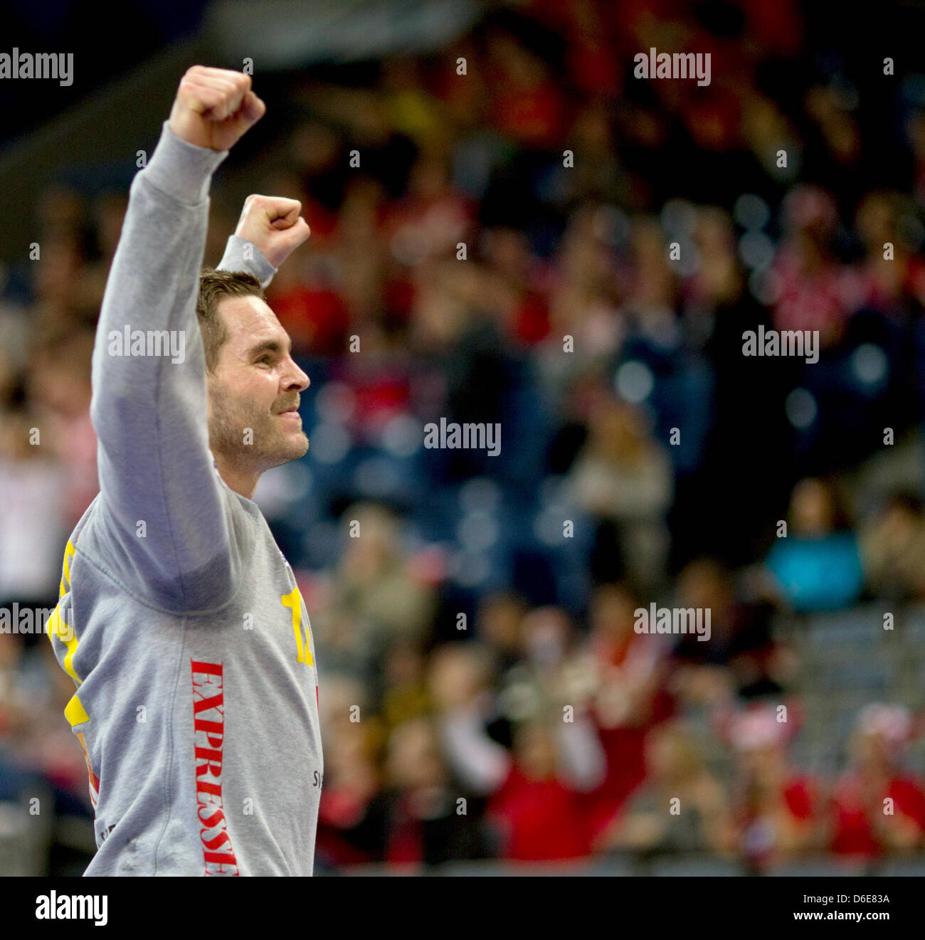 Sweden's goalkeeper Andreas Palicka cheers during the handball European championship match between Poland and Schweden in Belgrade, Serbia, 21 January 2012. The match was tied 29-29. Photo: Jens Wolf Stock Photo
