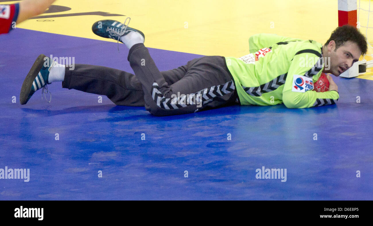 Serbia's goalkeeper Darko Stanic   in action during the European Handball Championship match between Serbia and Germany in Belgrade, Serbia, 21 January 2012. Photo: Jens Wolf Stock Photo