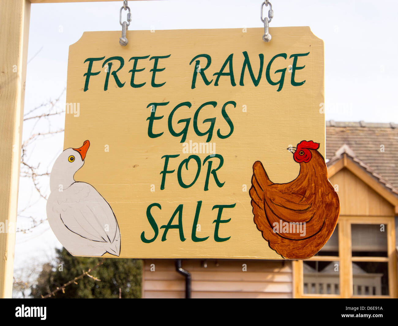 A sign for free range eggs in Cardington, Shropshire, UK. Stock Photo