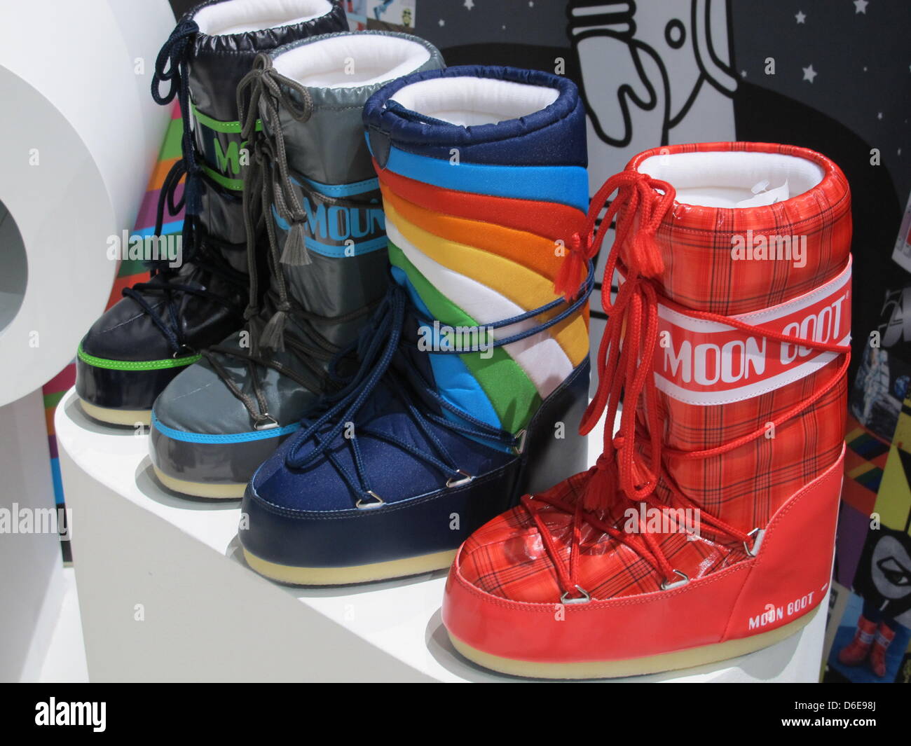 The snow boots 'Moon Boot' of the Italian brand Tecnica are seen at the  fashion show Bread & Butter in Berlin, Germany, 19 January 2012. Photo:  Kathrin Deckart Stock Photo - Alamy