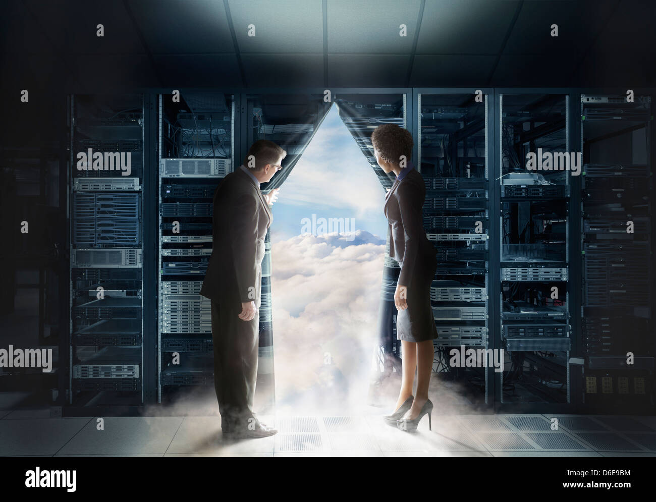 Business people pulling back curtain to clouds Stock Photo - Alamy