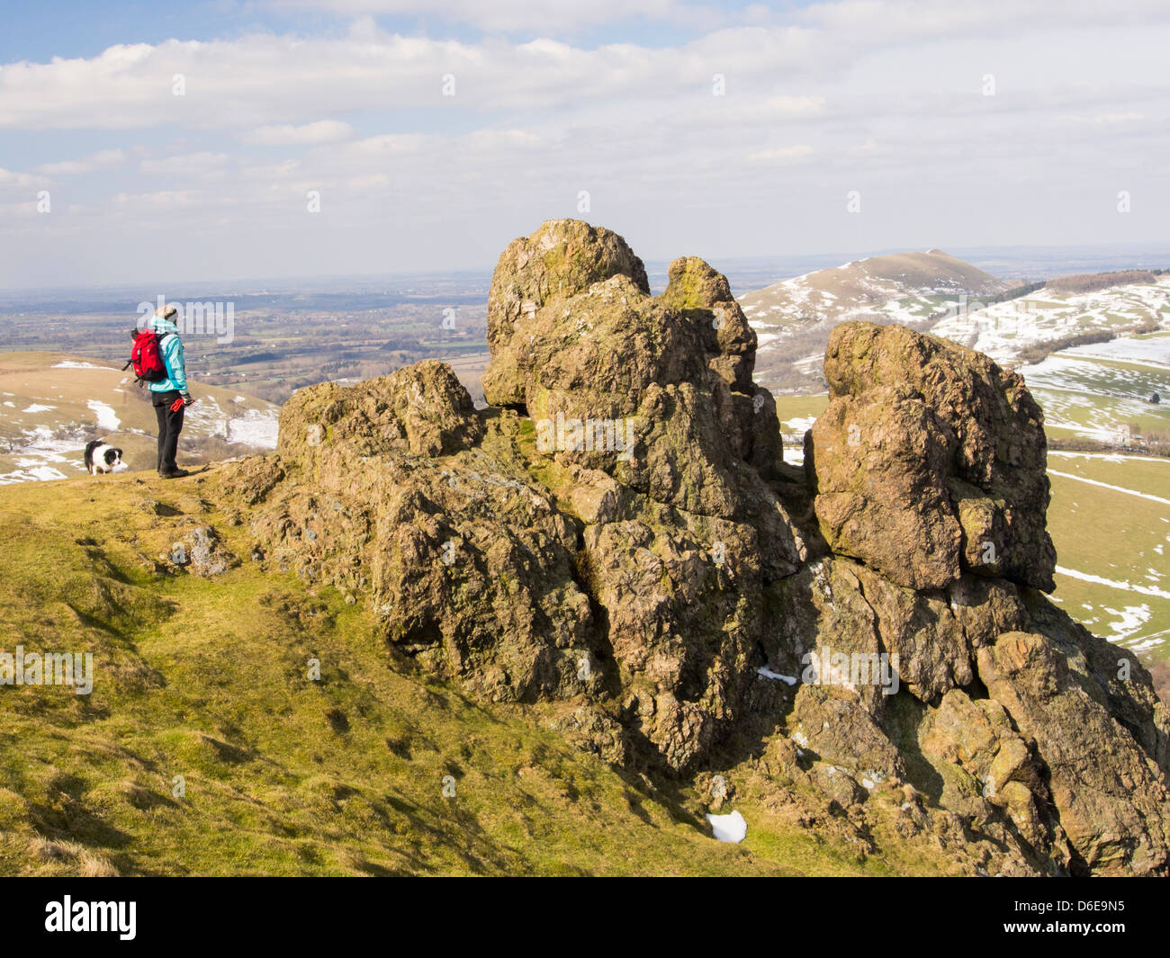 A woman walker on Hope Bowdler Hill above Church Stretton in Shropshire, UK. Stock Photo