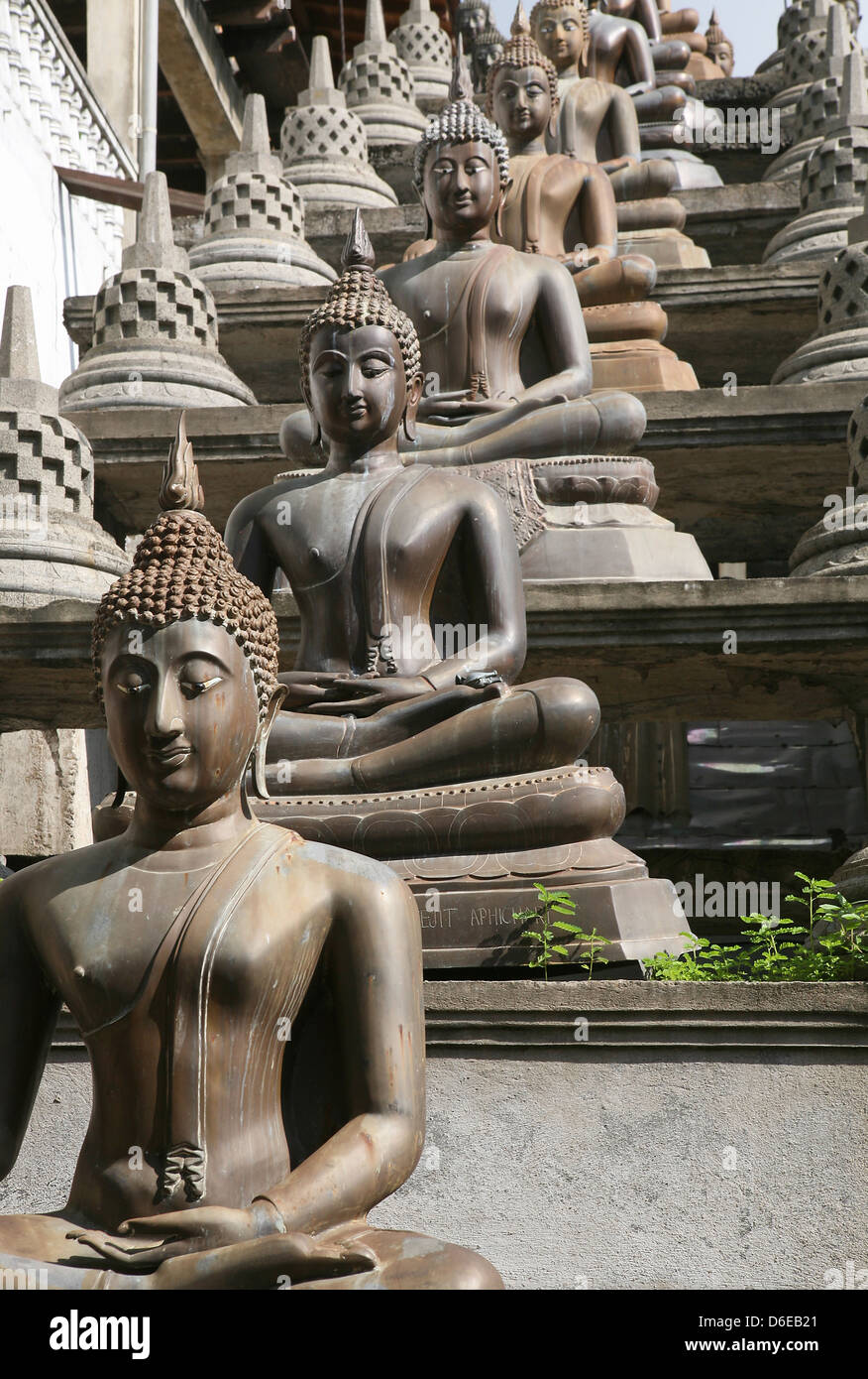 Statues of the Buddha in the lotus position, Gangaramaya Buddhist Temple, Colombo, Sri Lanka Stock Photo