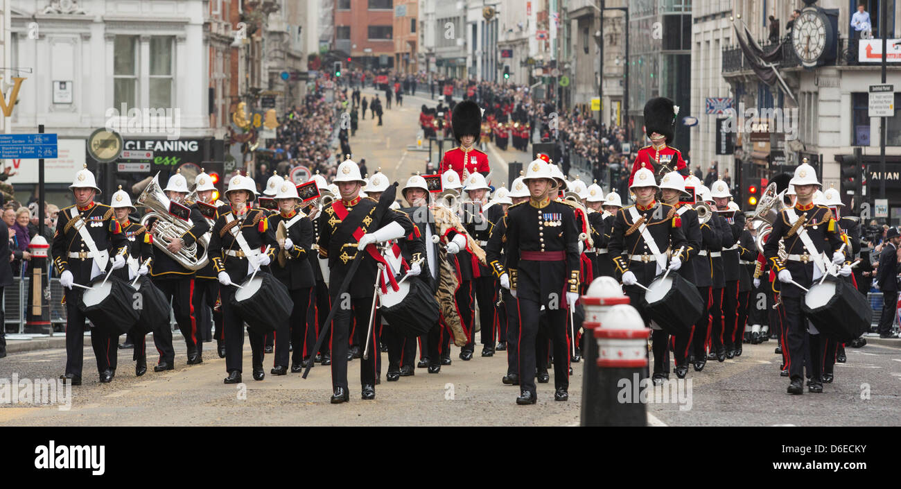 London, UK. Wednesday, 17 April 2013. Picture: Royal Marines marching band. Funeral of Baroness Margaret Thatcher at Ludgate Hill, London, UK. Photo: Nick Savage/Alamy Live News Stock Photo