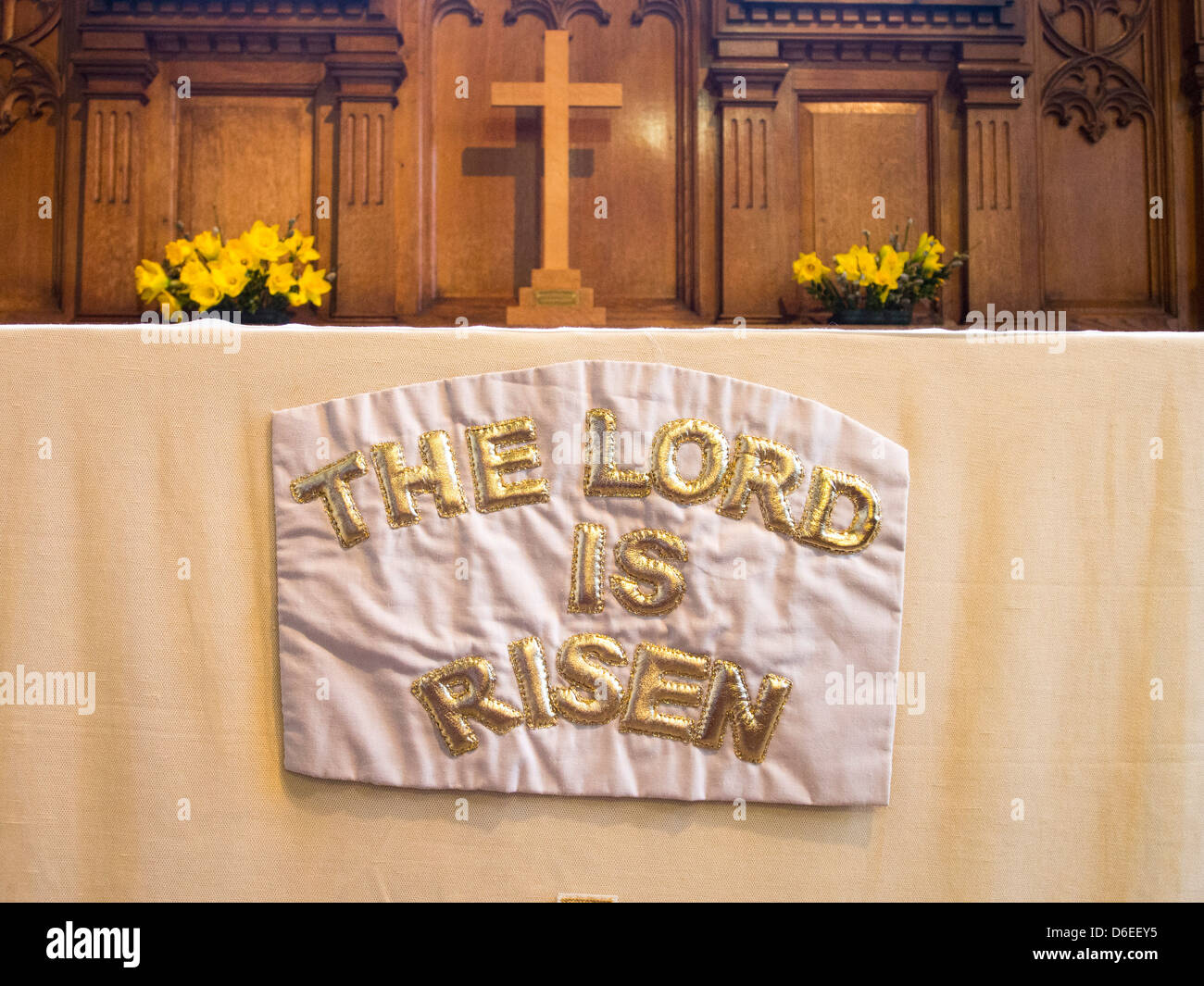 An Easter altar cloth in stokesay church next to Stokesay Castle near Craven Arms, in southern Shropshire. Stock Photo